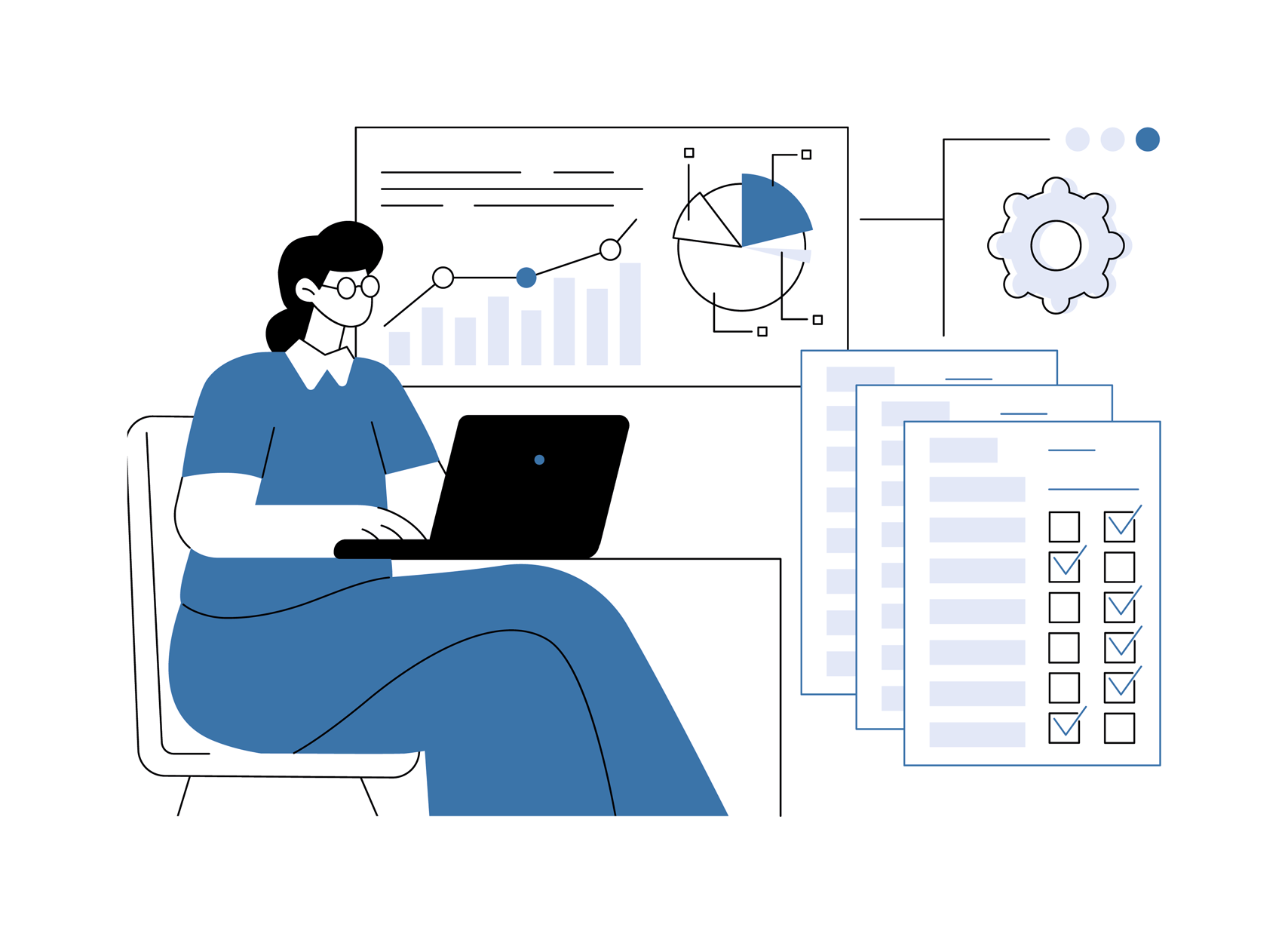 Stylized image of a woman working on a computer, checking different graps and statistical data sheets