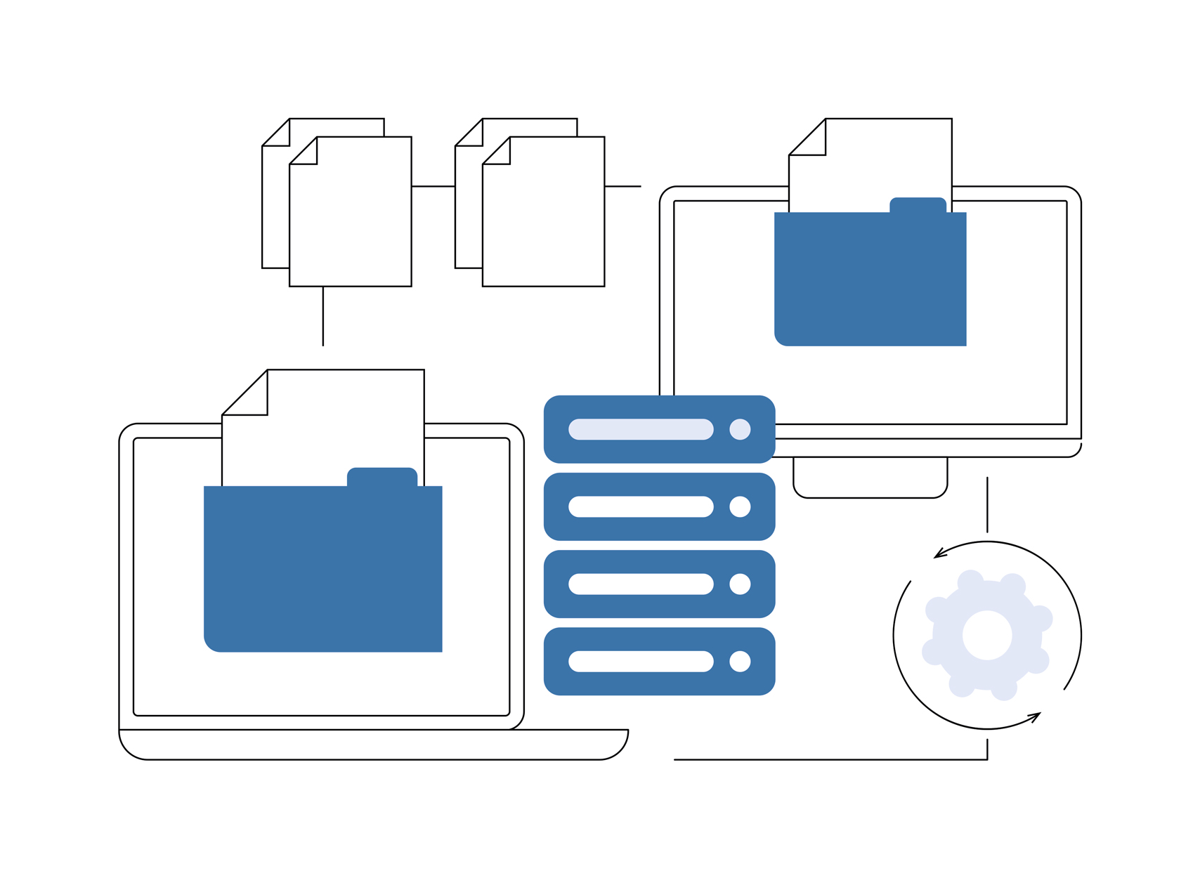 Schematic representation of data and folders in a server system